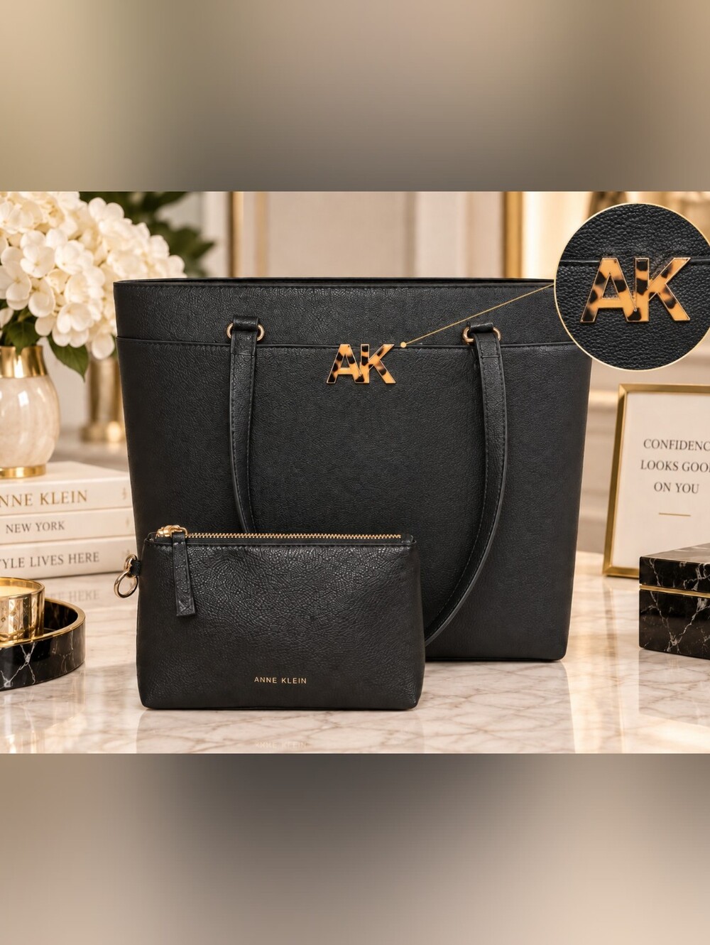 Anne Klein Black AK Logo Tote Bag + Pouch NWT Gold Hardware